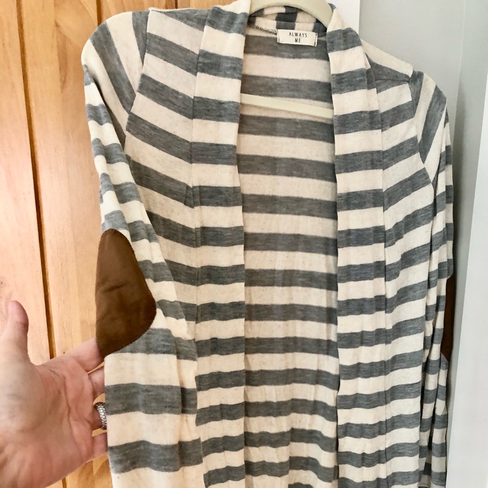 Always Me lightweight open front cardigan with elbow patches